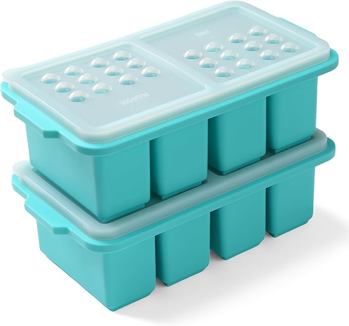 1 Cup Silicone Freezer Tray Ice Cubes with Lids and Date Mark for Storing Lasagna Leftovers Sauces Portioned Meals and More, Silicone Soup Freezer Molds for Meal Prepping 2 Pack Aqua