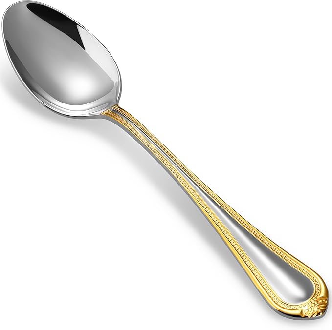 KEAWELL Pearl Edge 4-Piece Premium Spoon Set, 18/10 Stainless Steel, Fine Silverware Spoons with Refined Bead Design, Brightly Polished, Dishwasher Safe (Gold Accent, 7.56" Dinner Spoons)