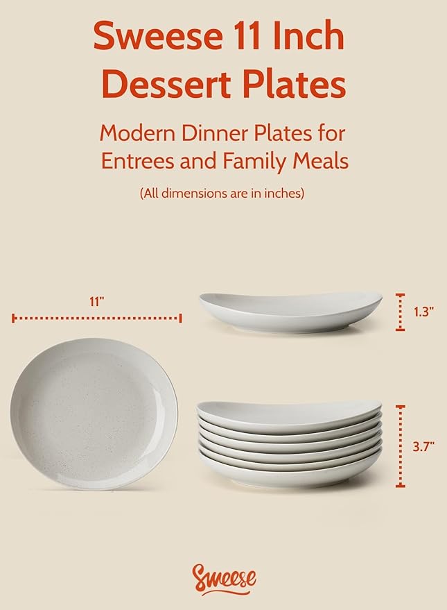 Sweese Porcelain Dinner Plates 11 Inch Set of 6 - Scratch Resistant, Microwave Oven Safe Plates in Grey