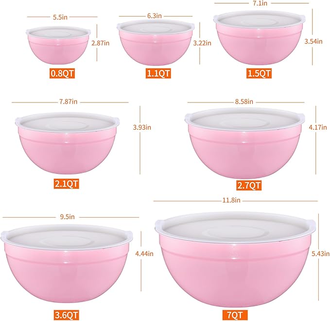 Pink Mixing Bowls with Lids Set of 7, Stainless Steel Nesting Bowl with Khaki Lid for Non-slip Mixing Prepping Storing Serving, 7 Sizes-7/3.6/2.7/2.1/1.5/1/0.8 QT
