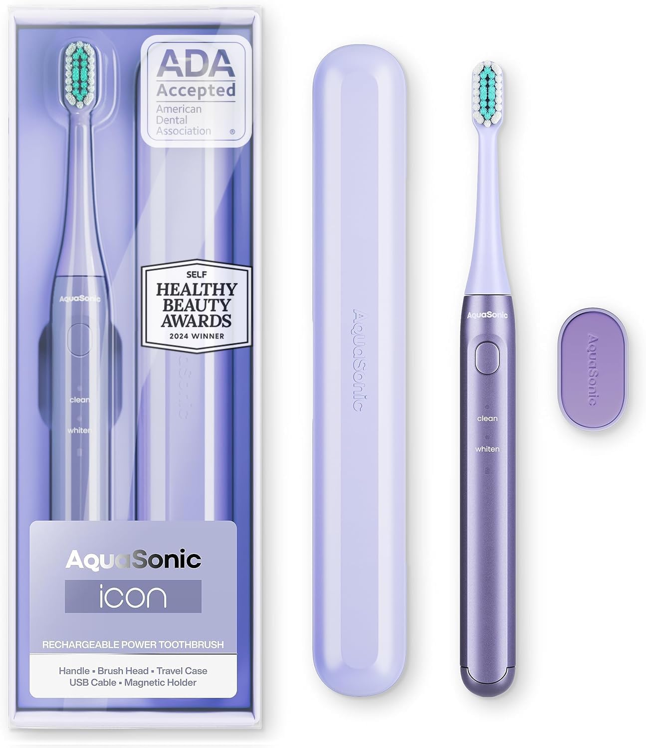 Aquasonic Icon ADA-Accepted Rechargeable Toothbrush | Magnetic Holder & Slim Travel Case | 2 Brushing Modes & Smart Timers | Gentle Micro-Vibrations (Lilac)-BrightBean Baby