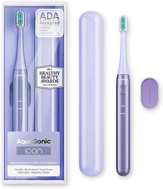 Aquasonic Icon ADA-Accepted Rechargeable Toothbrush | Magnetic Holder & Slim Travel Case | 2 Brushing Modes & Smart Timers | Gentle Micro-Vibrations (Lilac)-BrightBean Baby