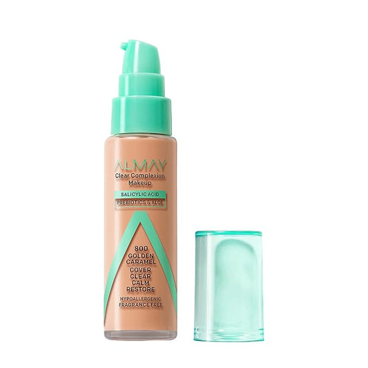 Almay Clear Complexion Acne Foundation Makeup with Salicylic Acid - Lightweight, Medium Coverage, Hypoallergenic, Fragrance-Free, for Sensitive Skin, 730 Golden Caramel, 1 fl oz.-BrightBean Baby