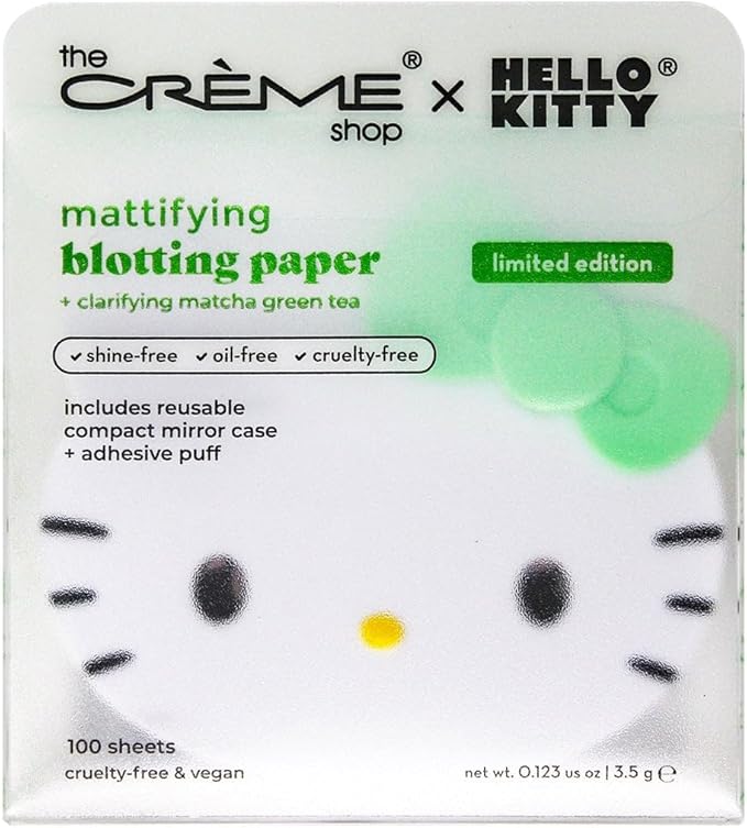 The Crème Shop x Hello Kitty Matcha Blotting Papers + Reusable Compact Mirror - Hello Kitty Collaboration for Oil Control and On-the-Go Touch-ups (Matcha Color Ribbon)-BrightBean Baby