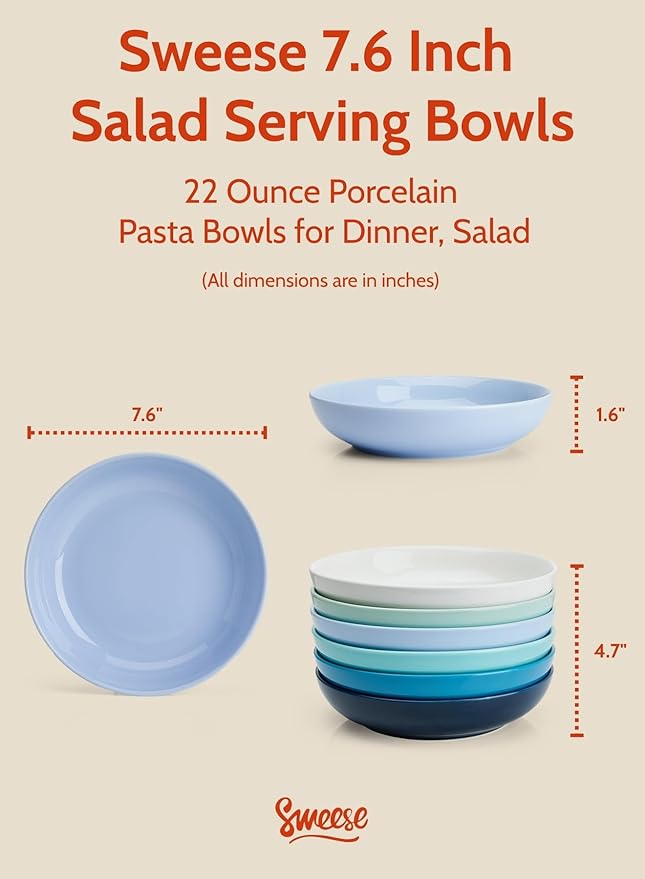Sweese Pasta Bowls, 22 Ounce Salad Serving Bowls Set of 6, 7.6 Inch Porcelain Plates for Serving Dinner, Salad - Microwave Dishwasher Safe, Cool Assorted Colors