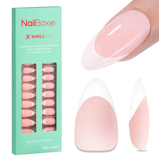 modelones French Tip Press on Nails, 150Pcs M-Almond Fake Nails with Nail Box, Pink & White Gel Nail Tips for Women, Soft Glue-On Nails for Natural Salon Look, DIY Nail Art Kit (15 Sizes)-BrightBean Baby