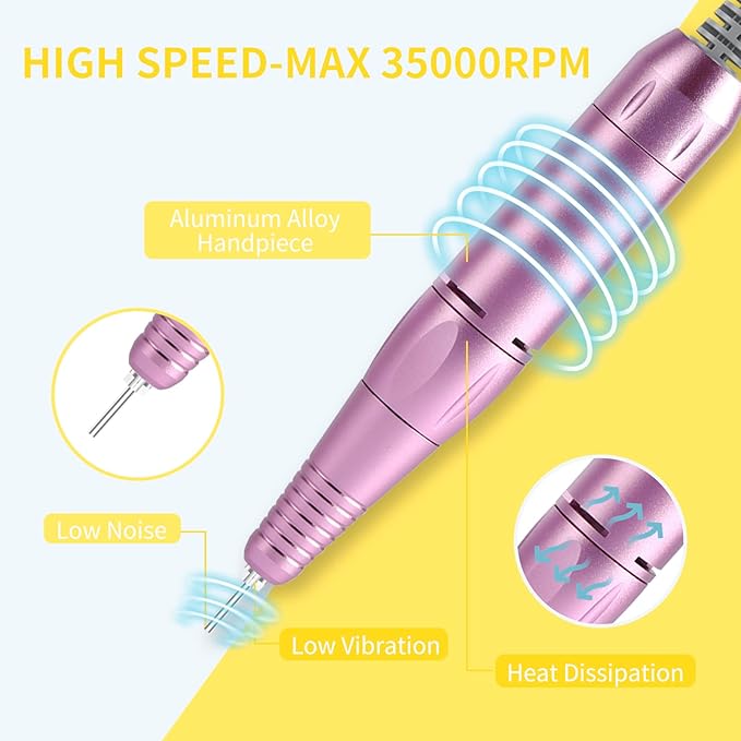 Portable Nail Drill Professional 35000 RPM, MOCOWIND Rechargeable Electric Nail File Machine for Acrylic Nails Gel Polishing, Cordless E-File with Bits Kit for Manicure Salon Home, Yellow & Purple-BrightBean Baby
