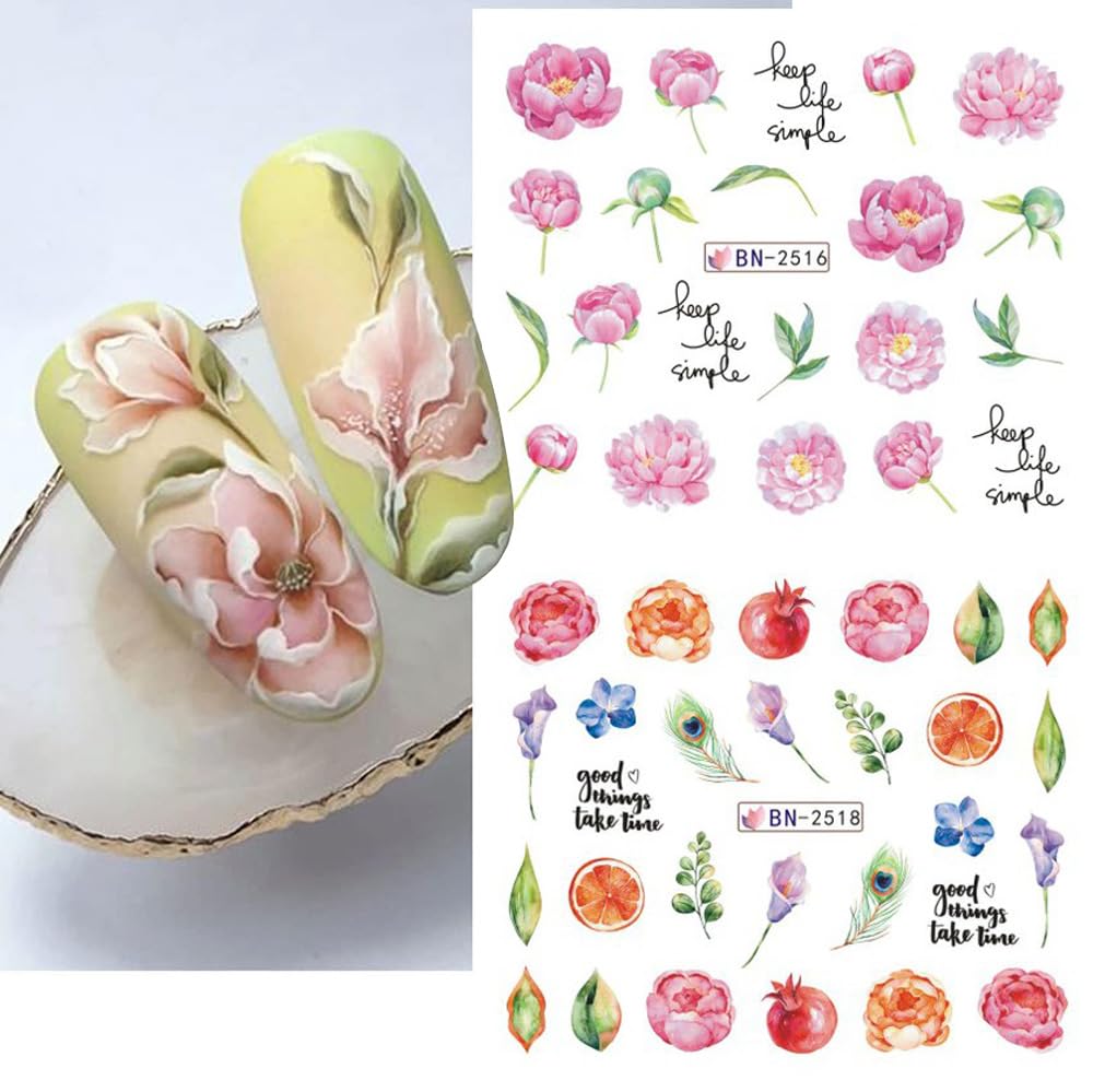 12 Sheets Flower Nail Water Transfer Decals, Nail Art Stickers for Women, Holographic Colorful Flower Leaf Patterns Nail Designs Supplies, Acrylic Nails Decorations DIY Resin Nail Decal Tattoos Set-BrightBean Baby