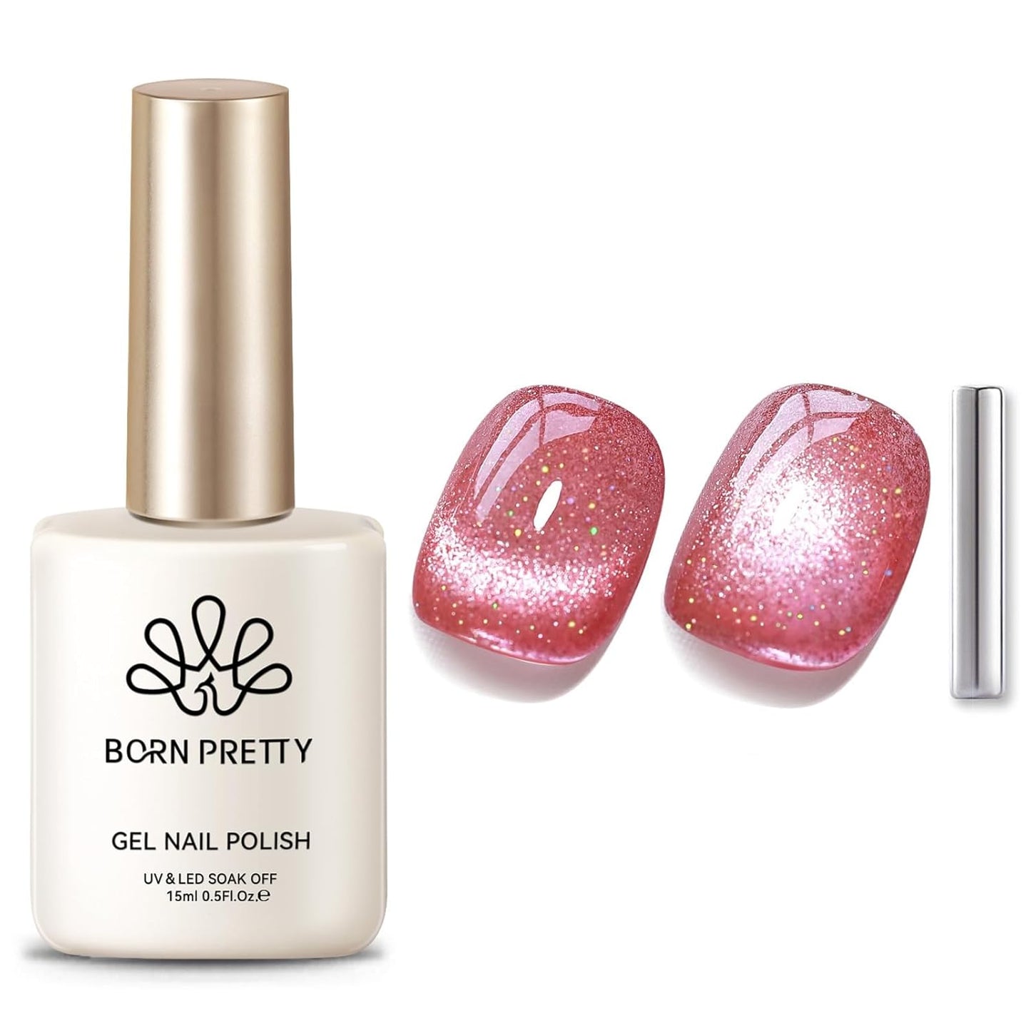 BORN PRETTY Cat Magnetic Eye Gel Nail Polish,Peach Blossom Glitter Cat Magnetic Gel Nail Polish Magnetic Nail Polish for Nail Art Manicure Salon DIY at Home 15ML-BrightBean Baby