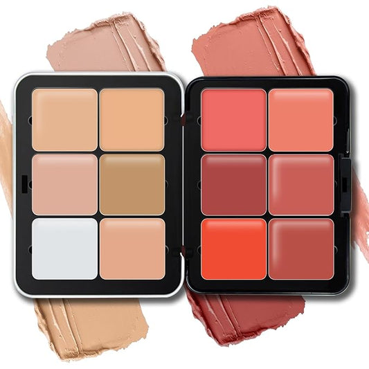 12 Colors Cream Blush Palette, Color Correcting Concealer Foundation Palette, Long Wearing Smudge Proof Blendable Matte Finish Blush Powder Highlighter and Cream Contour Palette Makeup (01)-BrightBean Baby