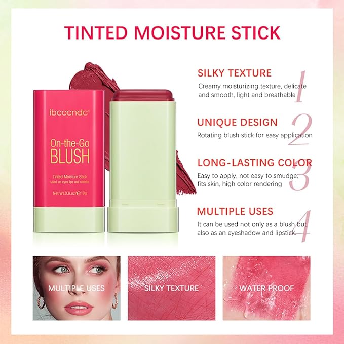 Multi-Use Makeup Blush Stick, Cream Blush Stick, Tinted Solid Moisturizer Stick for Cheek & Eyes & Lips, Waterproof Natural Nude Makeup, Suitable for All Skin (1#Shy Pink)-BrightBean Baby