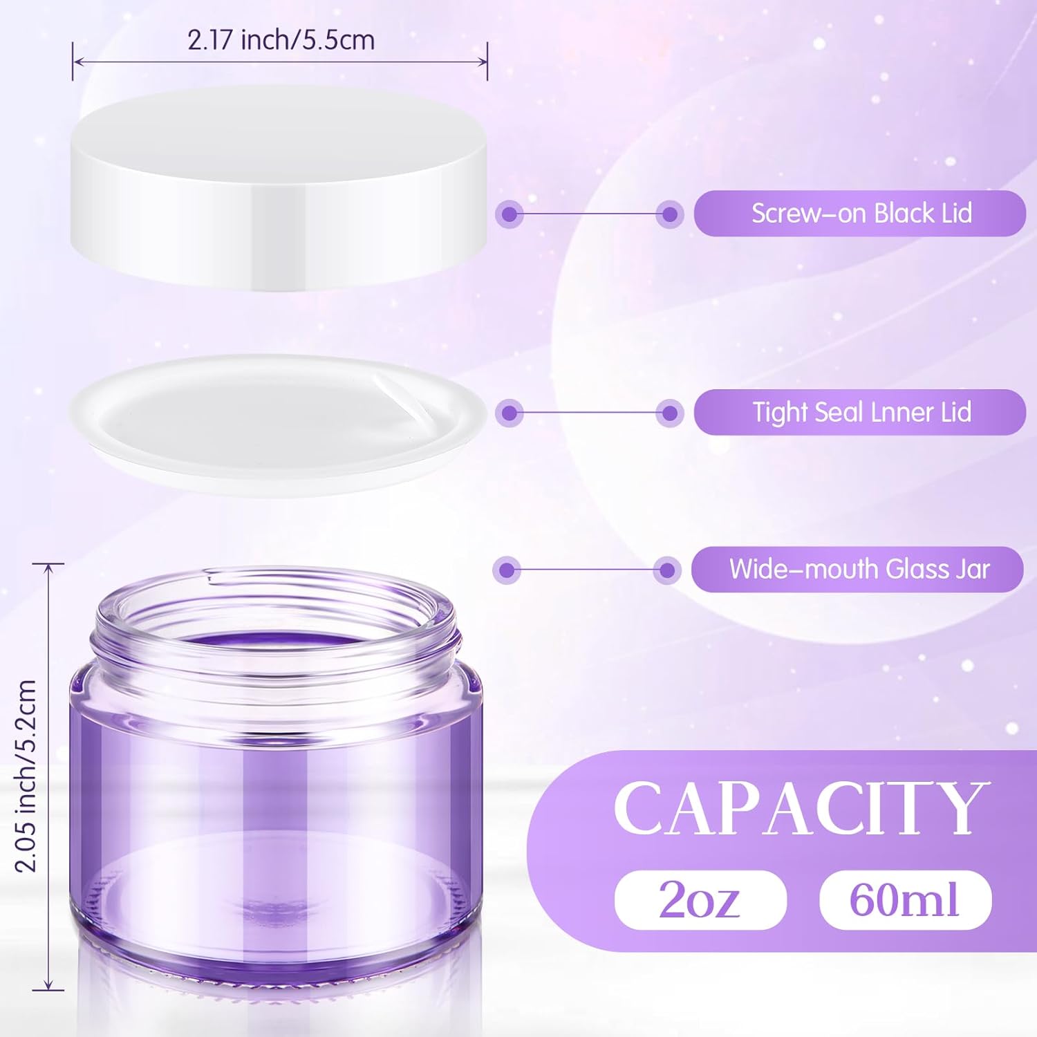 Domensi 48 Pcs 2 oz Glass Jars with Lids Travel Size Round Leakproof Empty Cosmetic Jars with Inner Liners Lid for Storing Makeup Lotions Face Cream Ointments Candle DIY Making (Light Purple)-BrightBean Baby
