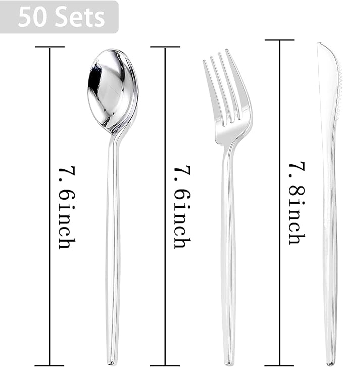PULOTE 150PCS Silver Plastic Silverware Disposable - Heavy Duty Silver Plastic Cutlery Set - Plastic Utensils Set Include 50 Knives,50 Forks and 50 Spoons for Wedding,Party&Christmas
