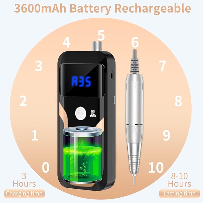 Portable Nail Drill Professional 35000 RPM, MOCOWIND Rechargeable Electric Nail File Machine for Acrylic Nails Gel Polishing Removing, Cordless E-File with Bits Kit for Manicure Salon Home, Black-BrightBean Baby