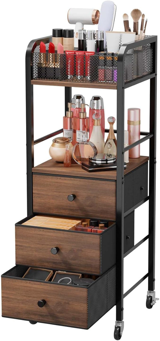 HapiRm Rolling Makeup Cart Organizer - Floor Skincare Make Up Storage with 3 Drawers, Vanity Organizer Cosmetic Display Cases Holder for Skin Care Perfume Nail Polish Brush Hair Tool-BrightBean Baby