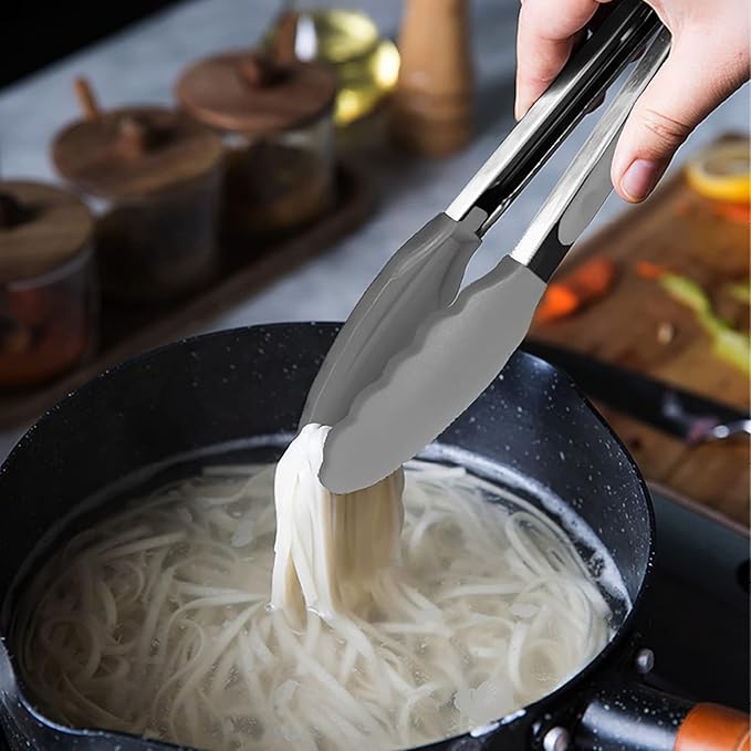 Small Serving Tongs with Silicone Tips 7 Inch Mini Stainless Steel Food Tongs, Set of 3 (Gray)