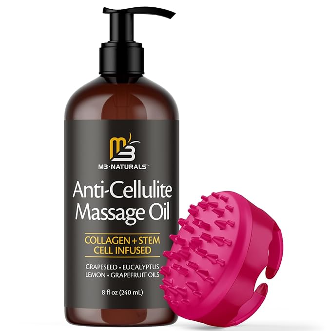 M3 Naturals Anti Cellulite Massage Oil and Silicone Body Brush – Collagen and Stem Cell Skin Tightening Formula for Smoothing and Firming – 8 Fl Oz-BrightBean Baby