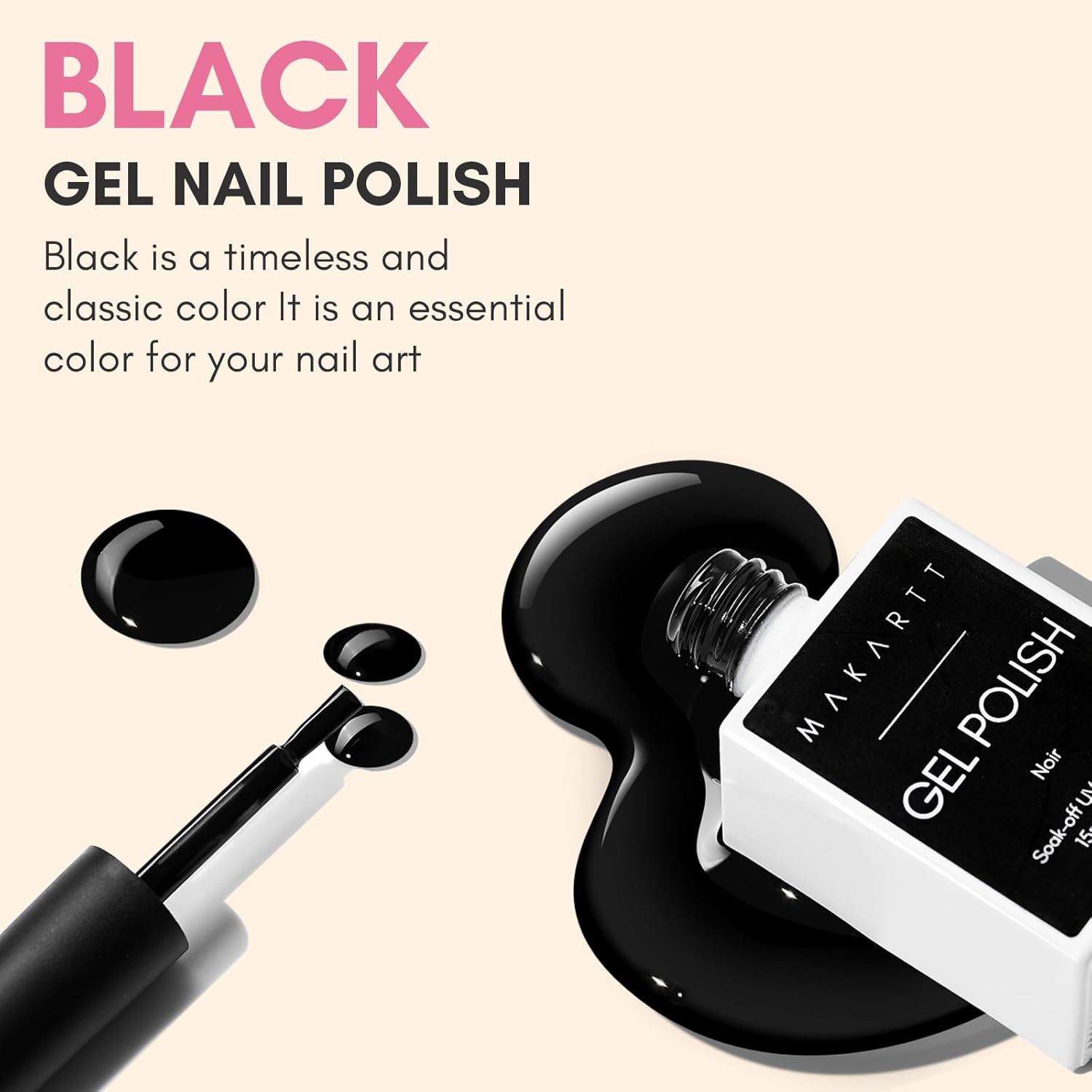 Makartt Black Gel Nail Polish 15ml, Noir Soak Off Gel for DIY Manicure & Nail Art Designs, UV/LED Light Cured, Long-Lasting Finish for Home & Salon Use-BrightBean Baby