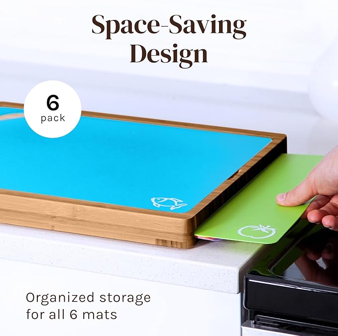 Bamboo Wood Cutting Board Set, Bamboo with 6 Color Coded Flexible Plastic Chopping Mats with Food Icons, Wooden Cutting Boards for Kitchen, Wooden Chopping Board Set Non Toxic Dishwasher Safe
