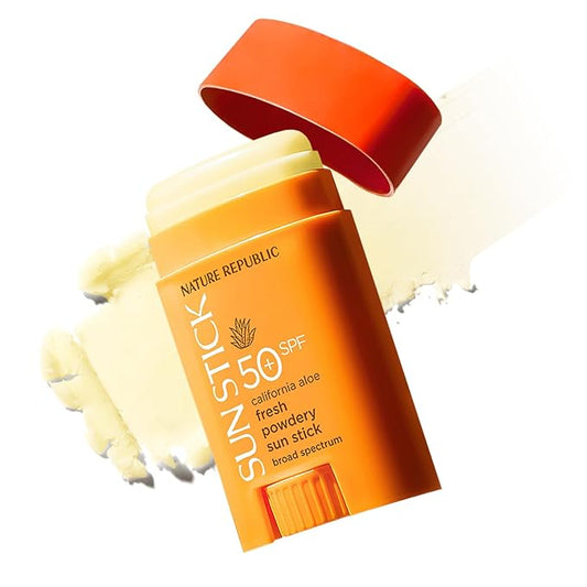 Nature Republic California Aloe Fresh Powdery Sun Stick Broad Spectrum SPF50+ | Korean Sunscreen Travel Size Suncare Sunblock, No Whitecast, non-sticky, Water resistant-BrightBean Baby