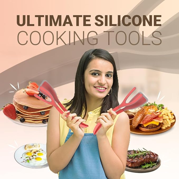 Silicone Egg Flipper Spatula Tongs (Set of 1) – Non-Stick 2-in-1 Grip & Flip Kitchen Tongs for Pancakes, Fish, Eggs, and More – Heat Resistant Cooking Tool (Red)