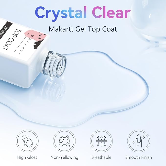Makartt Gel Top Coat - 2 PCS No Wipe Top Coat Gel Nail Polish High Glossy Shine Finish Long Lasting, 10ML Clear Soak Off UV Nail Lamp, Salon Quality Art Design for Home Use Beauty Gift-BrightBean Baby