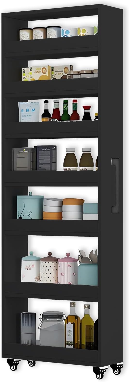 7-Tier Slim Storage Cart, Wooden Rolling Pantry Cabinet with Wheels, Narrow Shelf Organizer for Kitchen, Bakers Rack, Dining Room, Closet, Small Spaces Dark Walnut 47.2" H*5.9" W*16.9" D