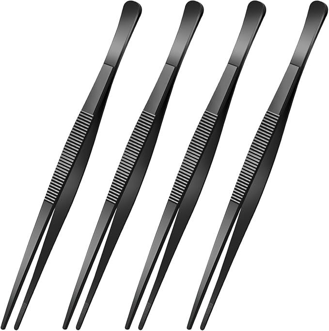 Yaomiao 4 Packs Bar Tweezers Long Garnish Tongs Bar Tweezers Stainless Steel Korean Bbq Tongs for Bartender Cocktail Cooking Food (Black,12 Inch)