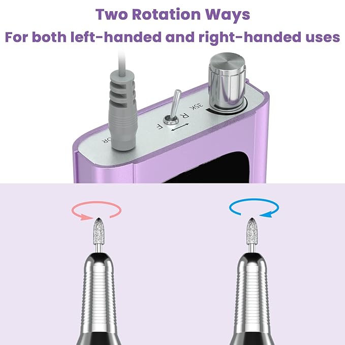 Delanie Professional Nail Drill High Torque 35000 RPM Rechargeable Portable Electric Nail File Filer for Acrylic Gel with Cuticle Bits, Salon Manicure Tool, Purple-BrightBean Baby