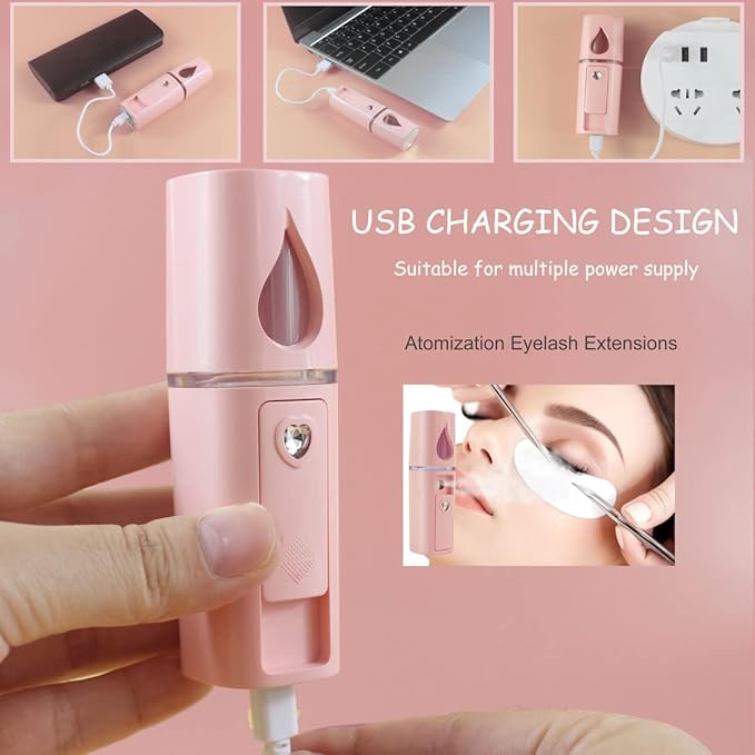 Nano Facial Mister Portable Mist Sprayer with Mirror Mini Cool Mist Spray for Skin Care & Facial Body Moisturized & Eyelash Extensions, USB Rechargeable (Pink)-BrightBean Baby