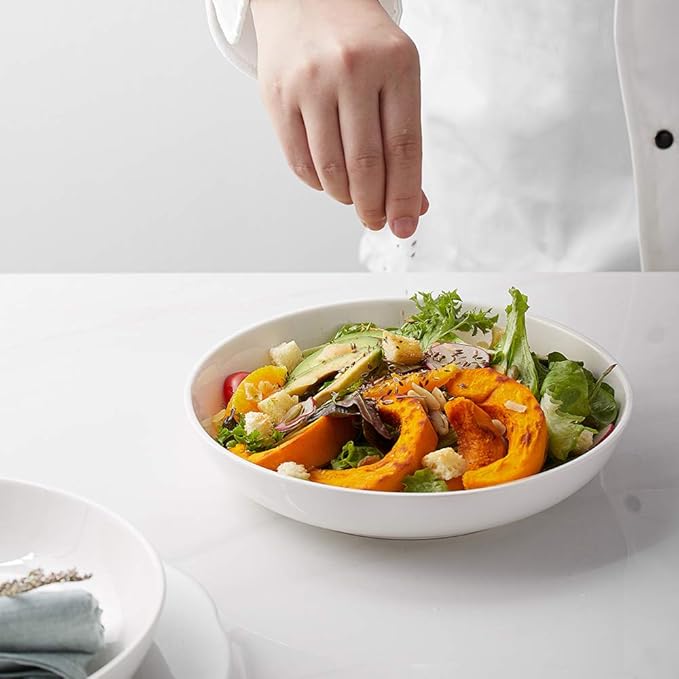 Y YHY Pasta Bowls 32oz, Ceramic Large Salad Serving Bowls, White Pasta Bowls Set, Shallow Soup Bowl Set of 4, Microwave & Dishwasher Safe