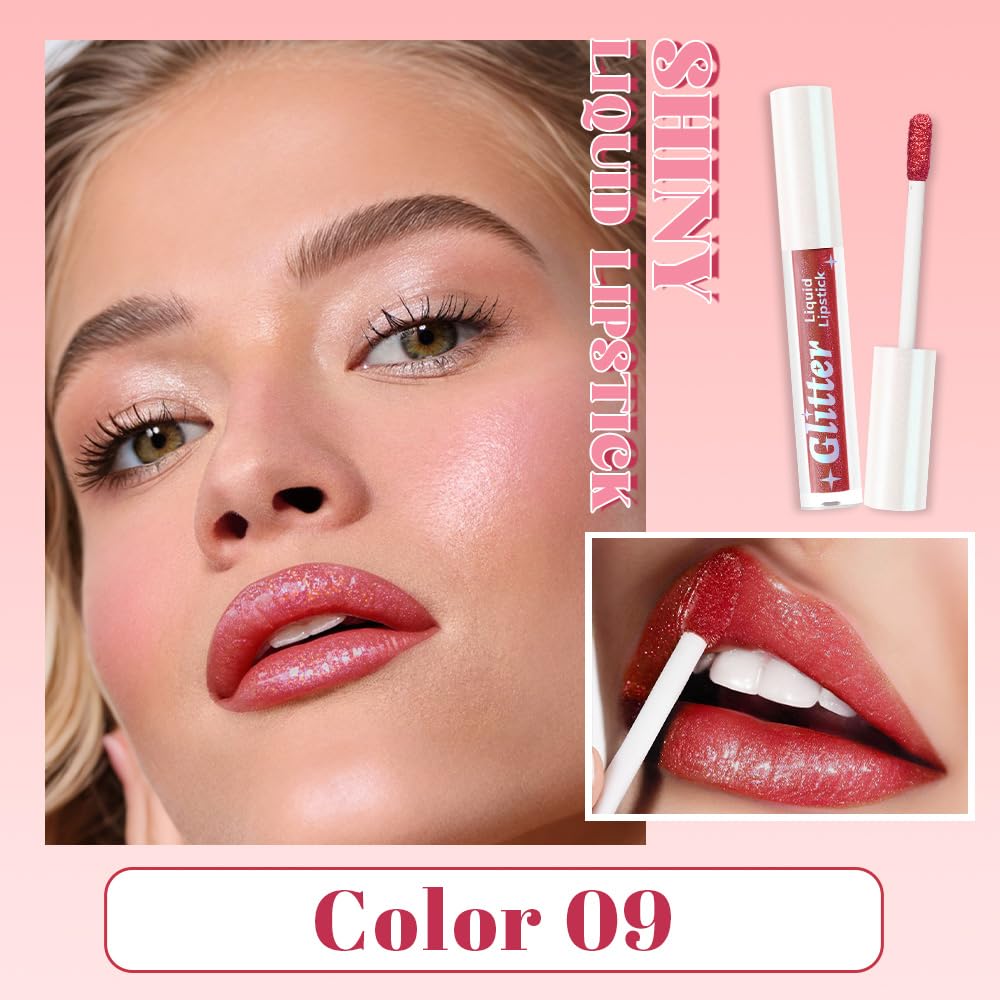 Orange Red Metallic Lipstick for Women,Lightweight Glitter Sparkling Liquid Lipsticks,Shimmer Lip Gloss Stain Long Lasting Waterproof Smudge Proof Non-Drying 24 Hour Full Coverage Lip Makeup,Vegan-BrightBean Baby