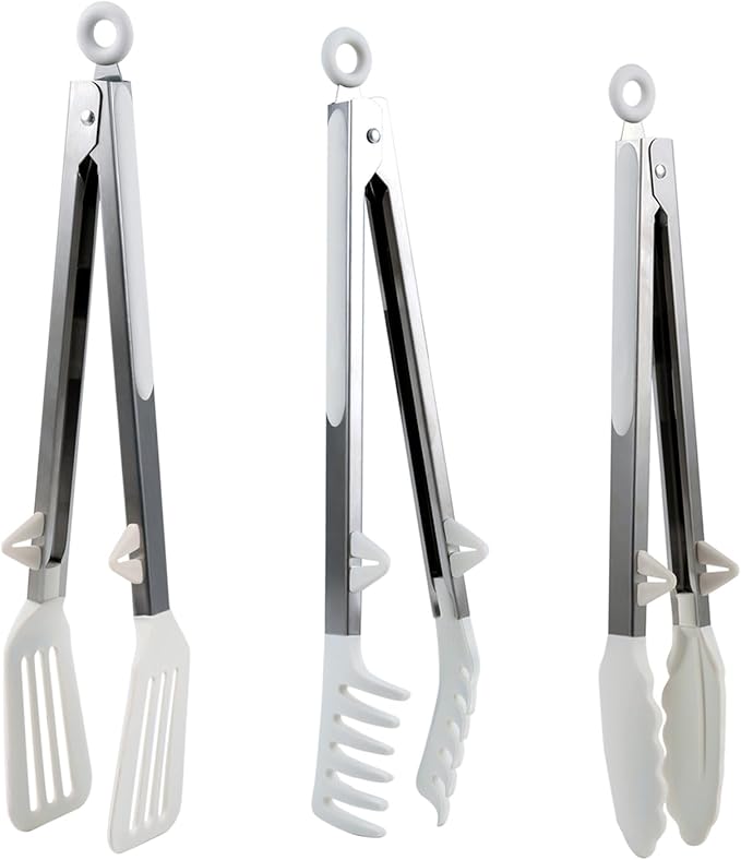 Kitchen Tongs,Set Of 3 Tongs with Silicone Tip for Cooking 9/12 Inch Stainless Steel Kitchen Tong for Meat,Food Grill,Salad,BBQ,Frying,Serving,Dishwasher (White, 9 Inch)