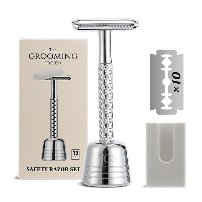Double Edge Safety Razor for Men with Stand and Silicone Cover - Durable Metal Eco-Friendly Single Blade Safety Razor with 10 Blades- Closed Smooth Shave (Silver)-BrightBean Baby
