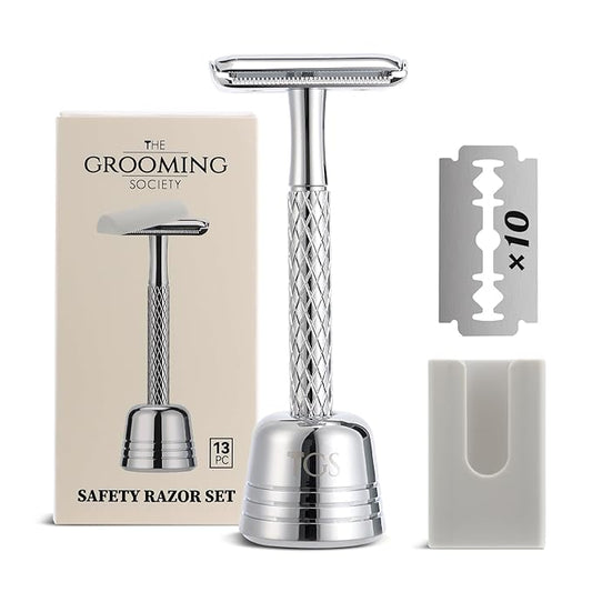 Double Edge Safety Razor for Men with Stand and Silicone Cover - Durable Metal Eco-Friendly Single Blade Safety Razor with 10 Blades- Closed Smooth Shave (Silver)-BrightBean Baby
