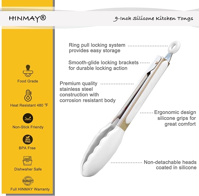 Silicone Kitchen Tongs 9-Inch Stainless Steel Basics Tongs with Non-Stick Silicone Tips, Set of 3 (White)