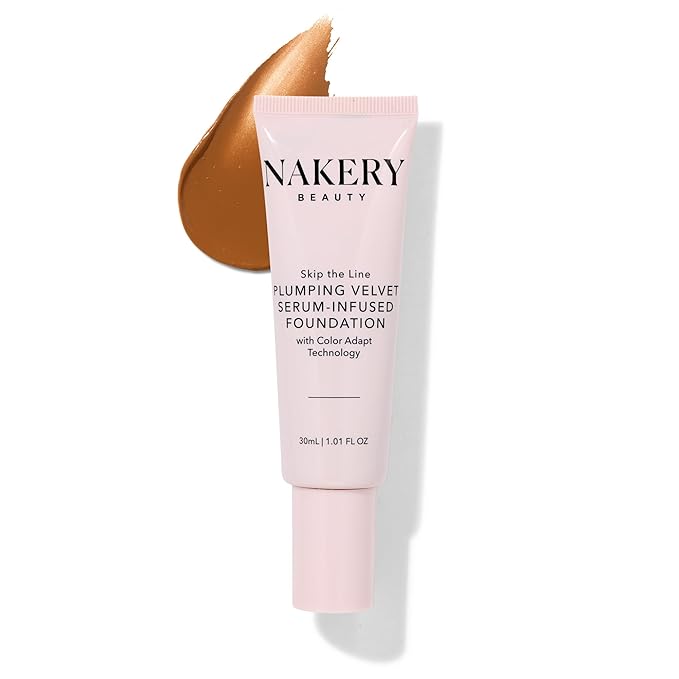 Nakery Full Coverage Foundation for Women - 5 in 1 Plumping Liquid Foundation Makeup - Serum Infused Makeup Foundation Smart Color Adapt with Niacinamide & Hyaluronic Acid for All Skin Types - Deep-BrightBean Baby