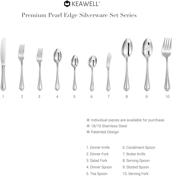 KEAWELL Pearl Edge 4-Piece Premium Spoon Set, 18/10 Stainless Steel, Fine Silverware Spoons with Refined Bead Design, Brightly Polished, Dishwasher Safe (Silver, 9" Serving Spoons)