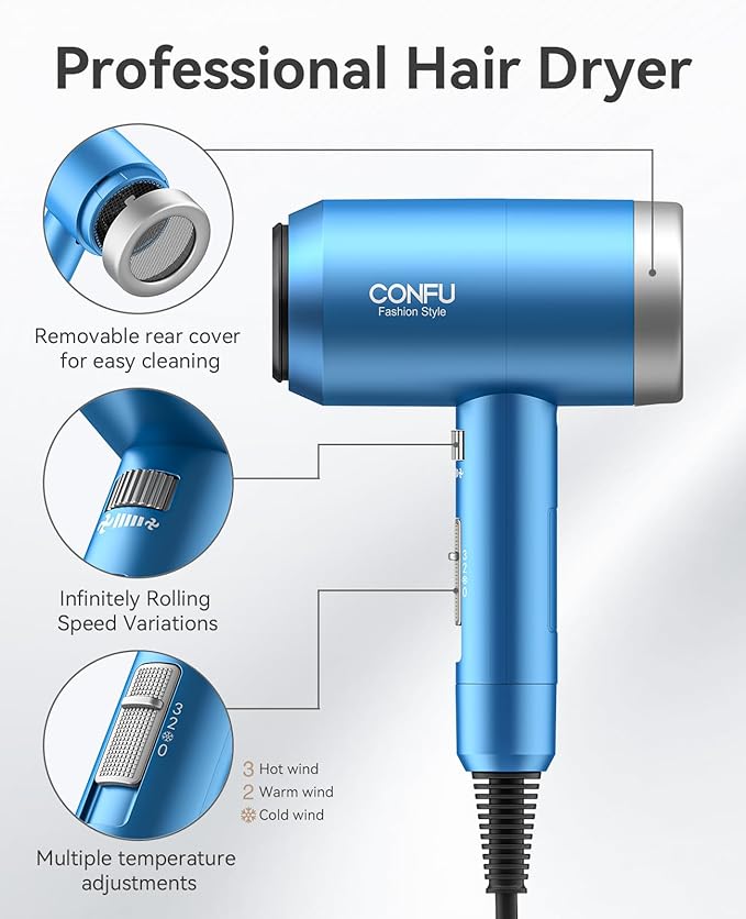 Hair Dryer, CONFU Hair Dryer with Diffuser, 21000PRM Professional Hairdryer, Portable Lightweight Fast Drying Negative Ionic Blow Dryer, Hair Diffuser for Curly Hair for Home Travel-BrightBean Baby