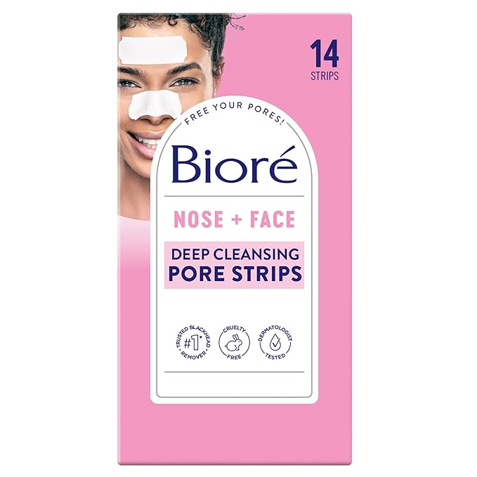 Bioré Nose+Face Blackhead Remover Strips, Deep Cleansing Strips for Nose, Chin, or Forehead, Instant Blackhead Removal and Pore Unclogging, Oil-free, Non-Comedogenic Use, 14 Count-BrightBean Baby