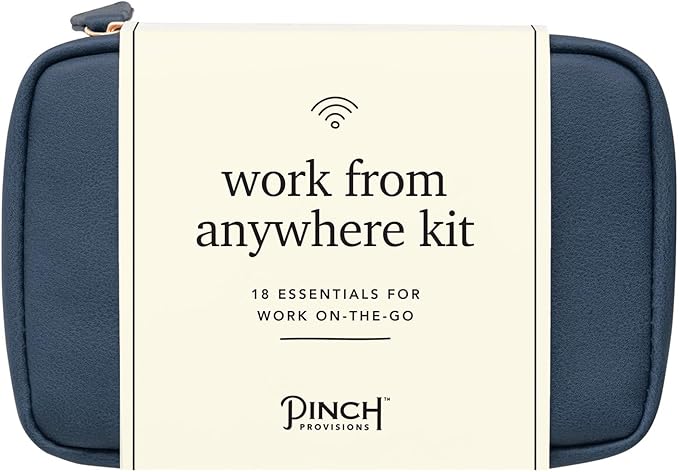 Pinch Provisions Work from Anywhere Kit, Includes 18 Essentials to Help You Stay on Task, Must-Have Essentials, Compact Multi-Functional Vegan Leather Pouch, Navy-BrightBean Baby