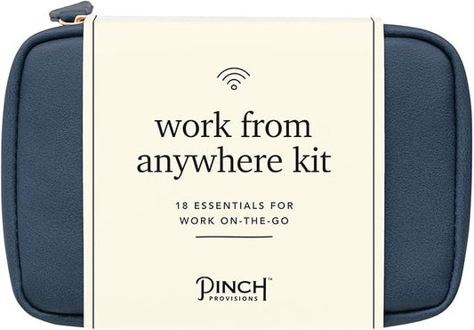 Pinch Provisions Work from Anywhere Kit, Includes 18 Essentials to Help You Stay on Task, Must-Have Essentials, Compact Multi-Functional Vegan Leather Pouch, Navy-BrightBean Baby