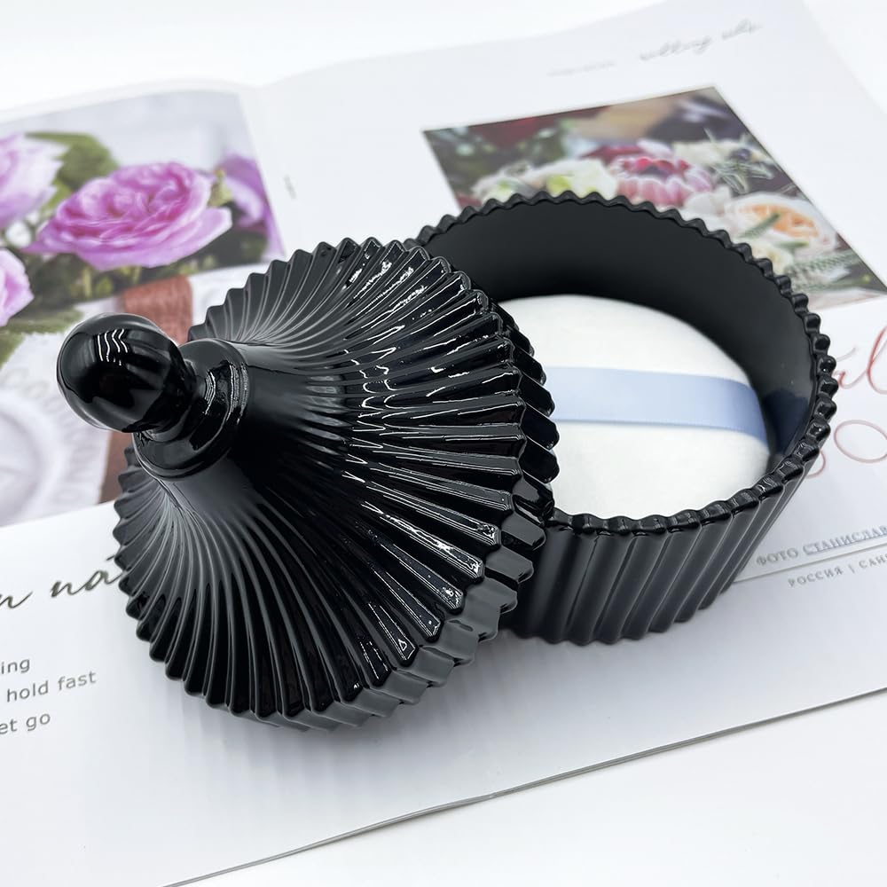 Ultra Soft Powder Puff and Container 3.3" High Density Velvet Dusting Washable Reusable Powder Puff,Body Powder Puff and Glass Jar Holder Loose Powder Box with Puff for Face Makeup(Black)-BrightBean Baby