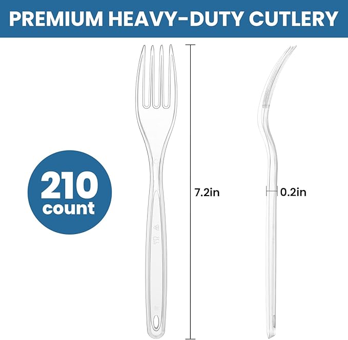 [210 Count] Clear Plastic Utensils Disposable 210 Forks Silverware Bulk Forks Bulk Heat Resistant Heavy Duty Silverware
