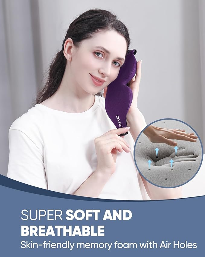 MZOO Luxury Sleep Eye Mask for Side Sleeper Men Women, Zero Eye Pressure 3D Sleeping Mask, Light Blocking Patented Design Night Blindfold, Soft Eye Shade Cover for Travel, Purple-BrightBean Baby