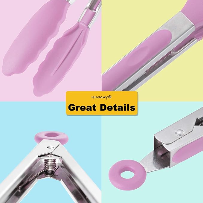 Serving Tongs with Silicone Tips 9 Inches Stainless Steel Food Tongs, Set of 3 (Pink)