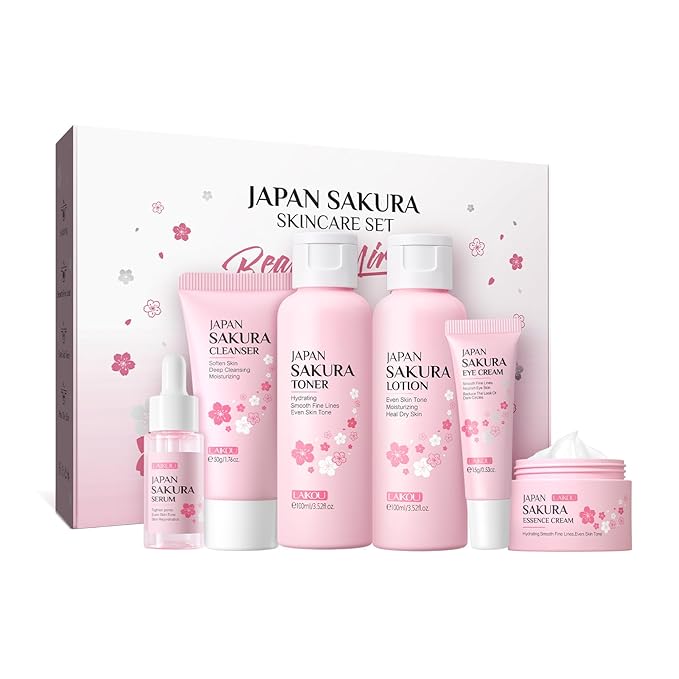 Skin Care Set JAPAN SAKURA Women Beauty Gift Sets Skin Care Kit with Cleanser, Toner, Lotion, Serum, Eye Cream, Face Cream Travel Kit for Women Teen Girls Mom Daughter TSA-friendly Sizes 6pcs-BrightBean Baby