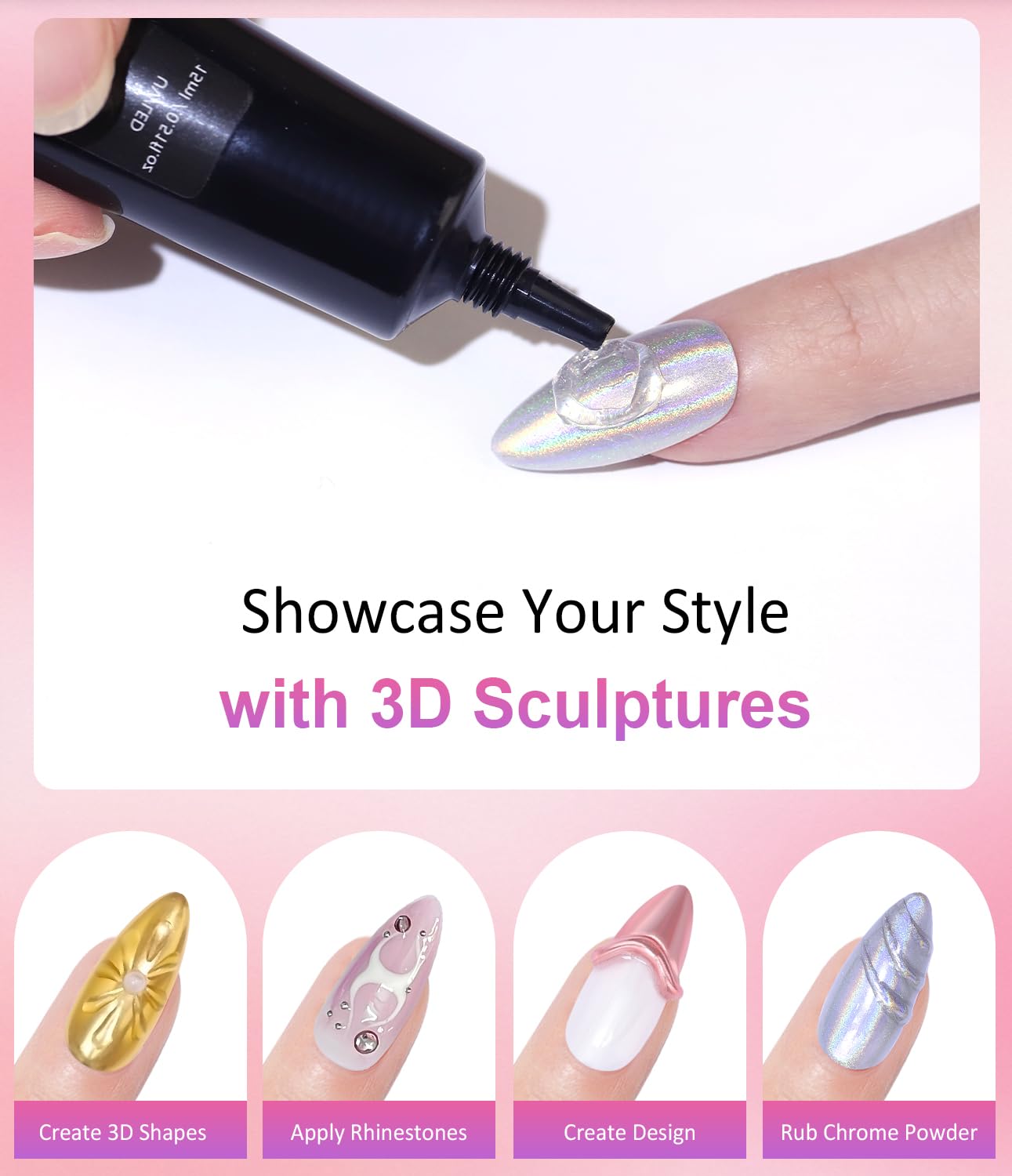 3D Nail Gel - Rose Gold Chrome Nail Powder 15g Clear 3D Sculpting Gel Non-Sticky Hand Hard Gel Carving Gel with Laser Copper Chrome Powder for Nail Art Home DIY-BrightBean Baby
