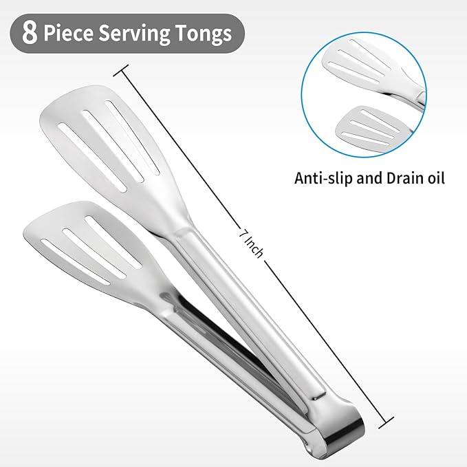 Kitchen Tongs 7 Inch, 8 Pack Food-Grade Stainless Steel Serving Tongs for Cooking Appetizers, Salad, Small Kitchen Food Tongs, Dishwasher Safe