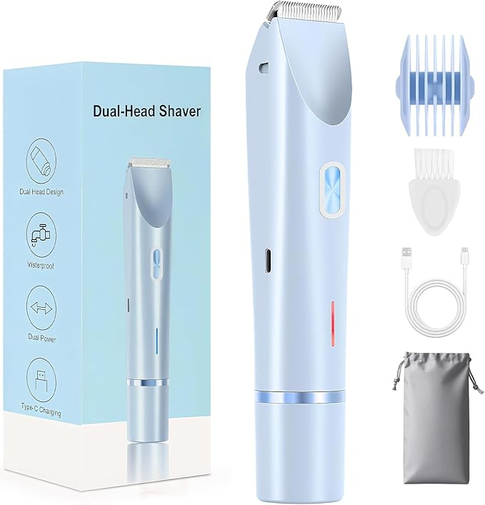 Dermave Bikini Shaver 2.0, 2025 New Glow Aura Bikini Trimmer for Women, 2 in 1 Dual Head Electric Razors for Women, IPX7 Waterproof Wet & Dry Electric Shaver, Rechargeable Portable Body Shaver (Blue)-BrightBean Baby